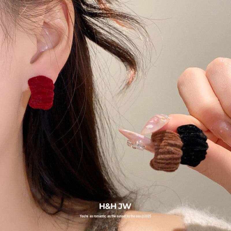 耳环复古植绒高级感褶皱耳饰女