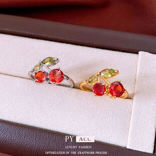 锆石电镀樱桃女真金手饰戒指18k设计感轻奢食指百搭戒个性高级感