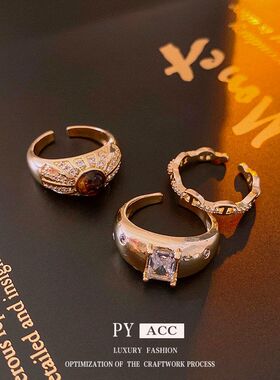 虎眼石中古食指人造锆石戒小众