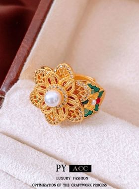 珍珠vintage戒真金中古电镀女24K复古轻奢风戒指手饰食指花朵精致