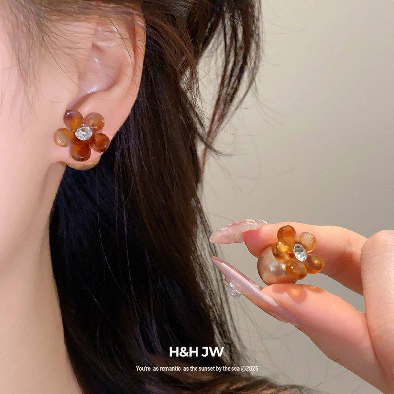 耳钉女镶钻风珍珠美拉德花朵复古