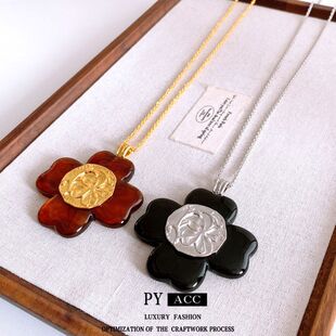树脂花朵项饰夸张vintage毛衣链褶皱复古简约可吊坠中古调节项链