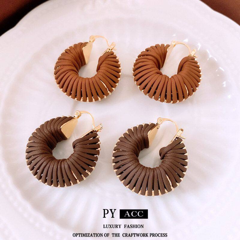 圆形简约个性耳扣法式设计感耳环女复古耳饰皮革吊坠编织时尚小众