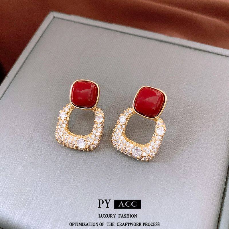 真金电镀耳环轻奢风耳环耳饰18Kvintage精致方形银针复古中古设计