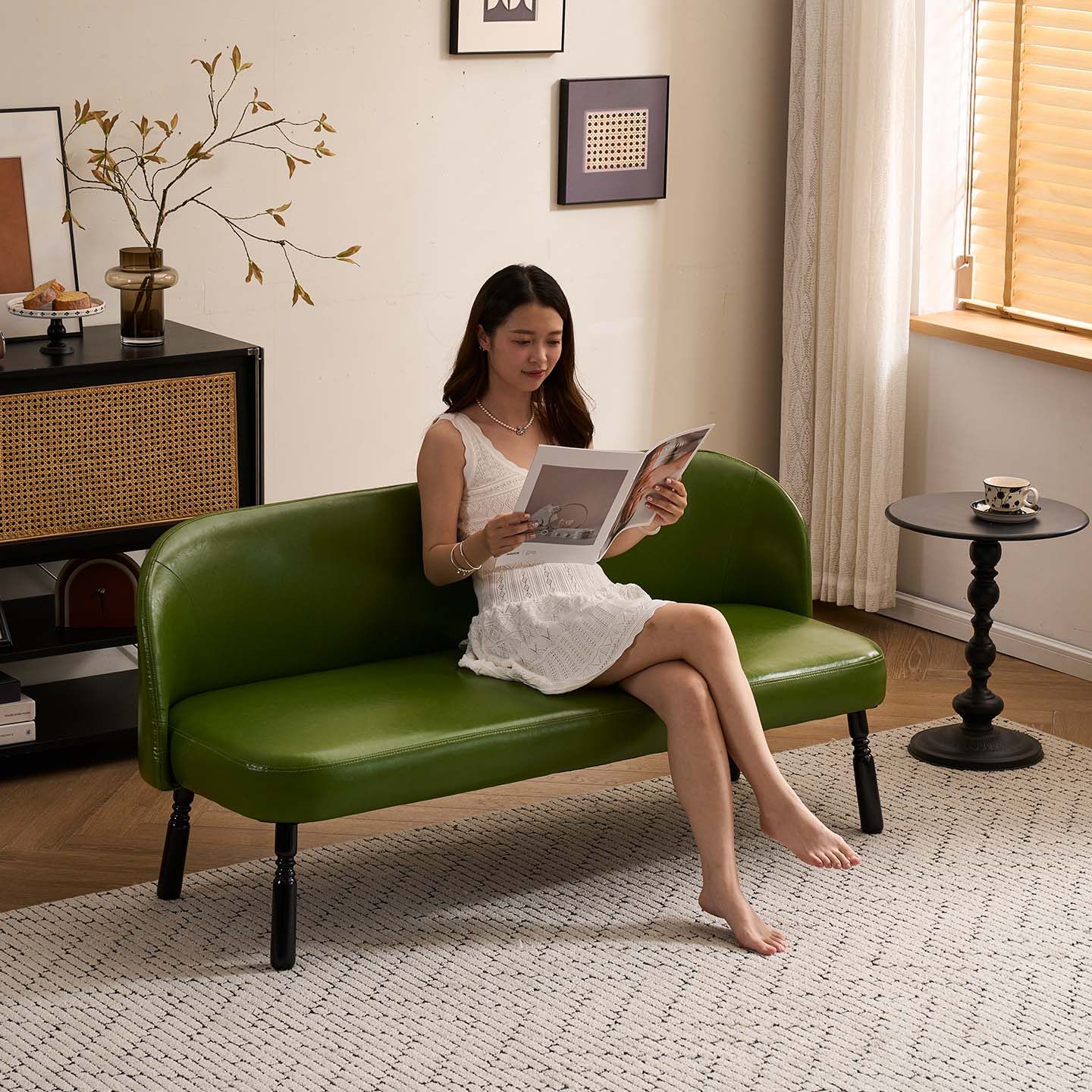 小户型双人小沙发法式复古绿色油蜡皮出租屋卧室服装店窄款长条凳,住宅家具,皮艺沙发,淘宝优惠券,粉丝福利购,淘宝优惠卷