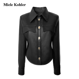Kohler复古气质减龄黑色机车夹克短外套女金属扣翻领上衣 Miele