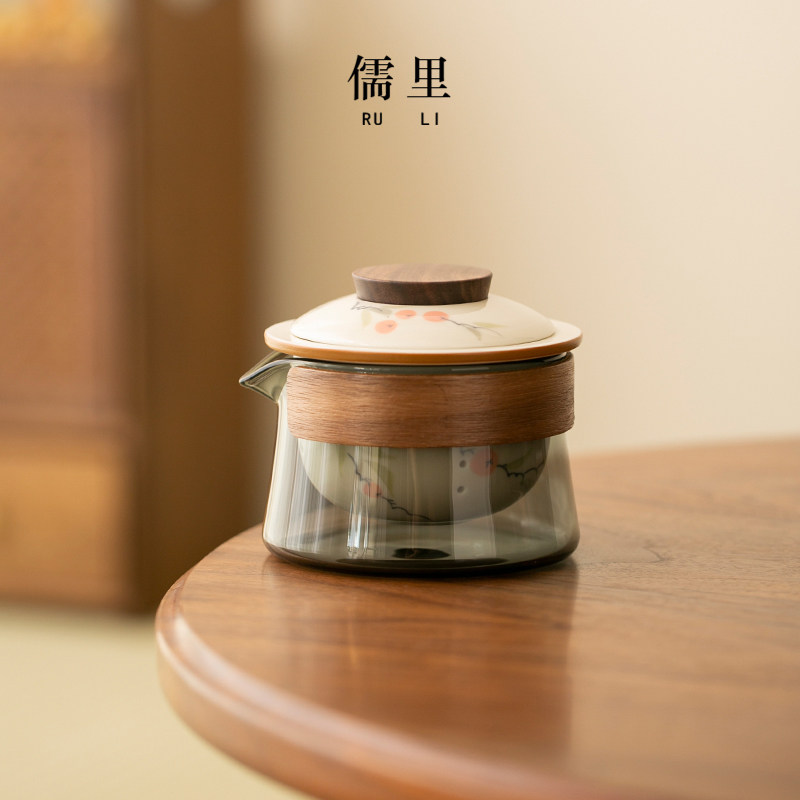 儒里手绘柿子玻璃盖碗茶杯单个高档不烫手手抓泡茶壶一人功夫茶具