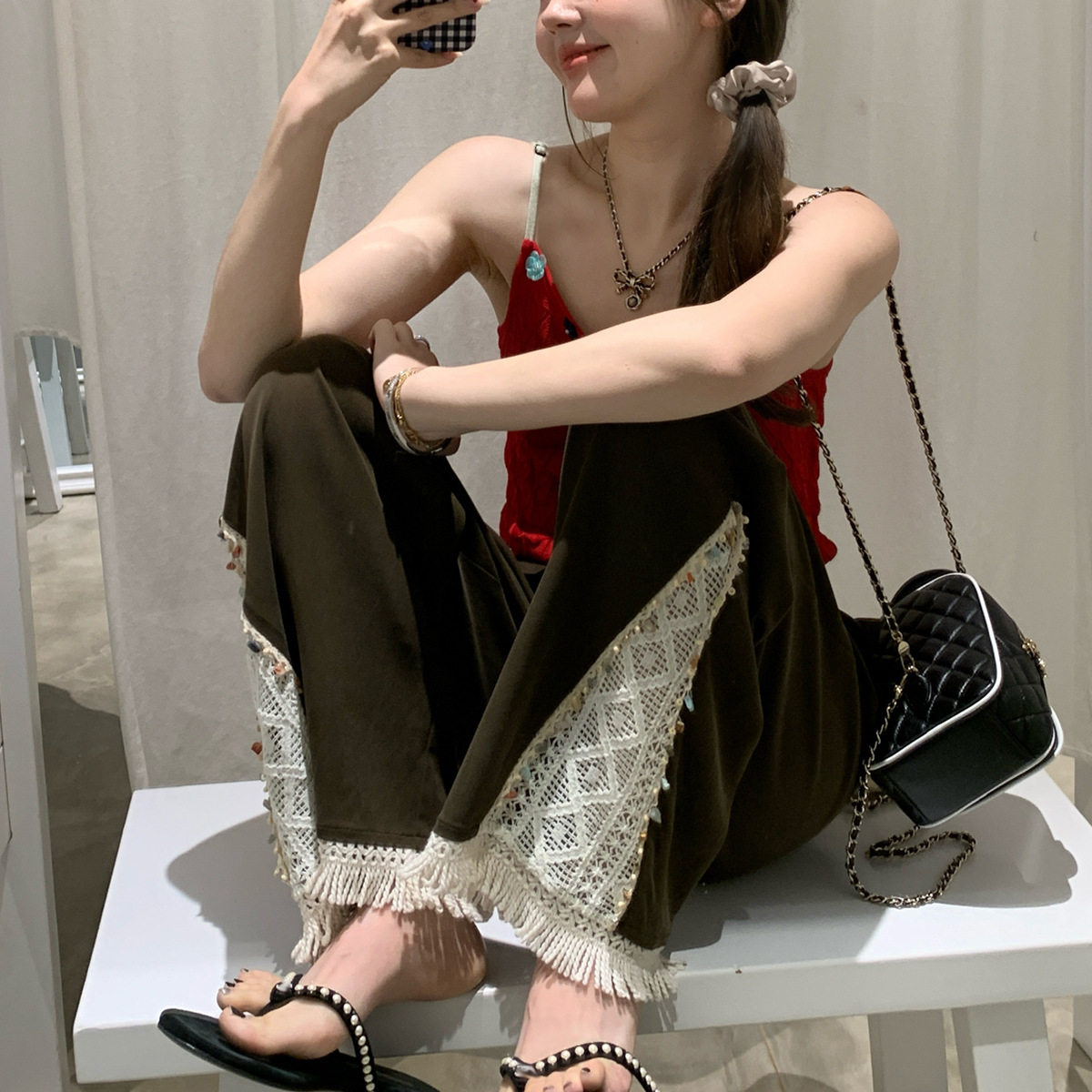 捕梦网天丝滑滑裤~花边珠饰拼接长裤蕾丝宽松慵懒风拖地阔腿裤