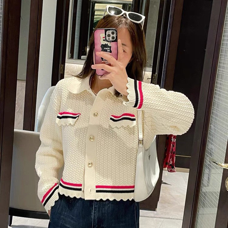 法式甜美上衣2023早秋新款撞色翻领红条纹波浪花边针织开衫外套