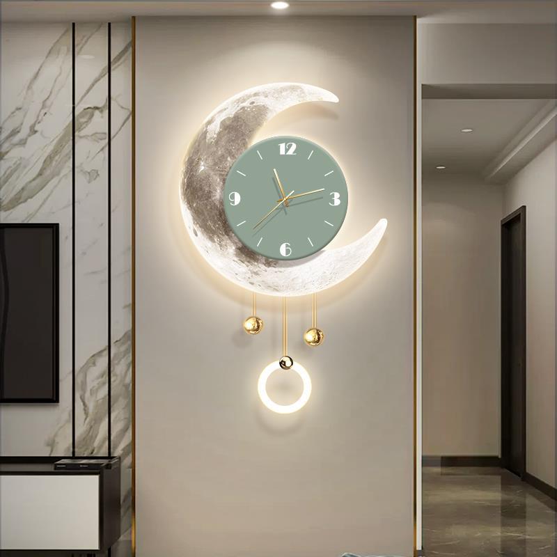 轻奢客厅钟表挂画电视背景墙格栅创意时钟壁灯画餐厅月球发光挂钟