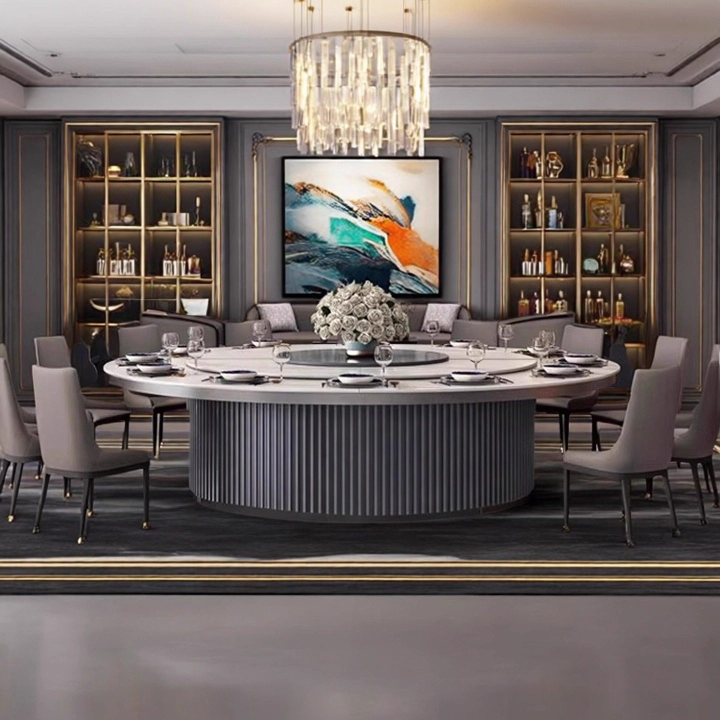 新中式酒店实木电动餐桌大圆桌现代餐厅轻奢简约火锅桌宴会餐桌椅