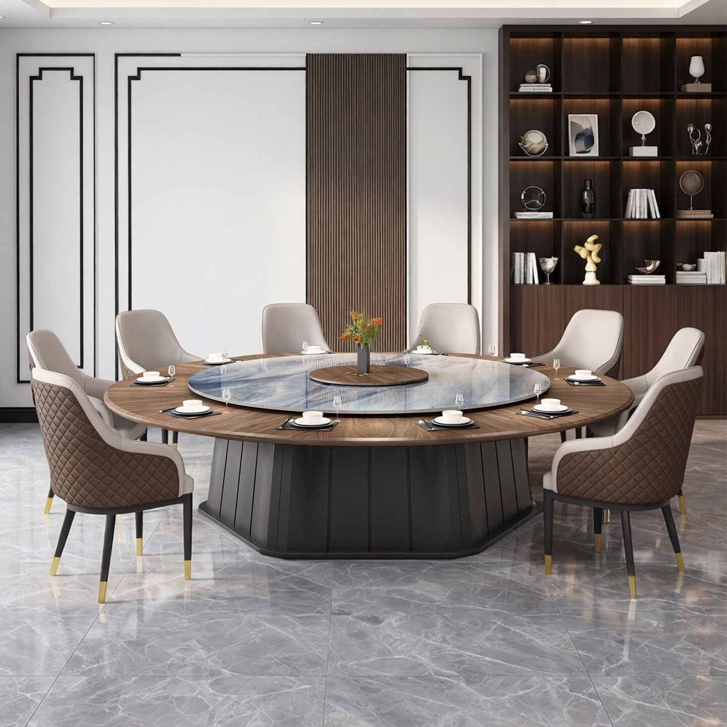 新中式酒店实木电动餐桌大圆桌现代餐厅轻奢简约火锅桌宴会餐桌椅