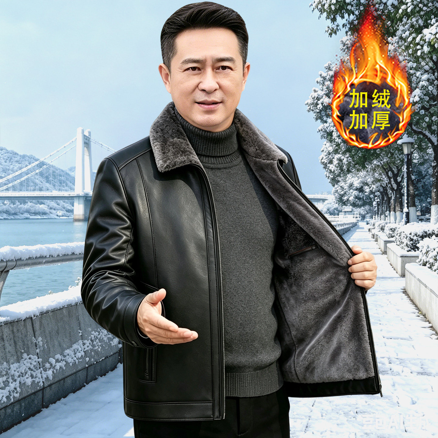 中年爸爸皮衣短款加绒加厚中老年皮夹克男冬装外套老人爷爷皮棉袄