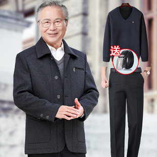 中老年男冬装套装爸爸夹克春秋季外套70岁爷爷老年人上衣服秋装厚