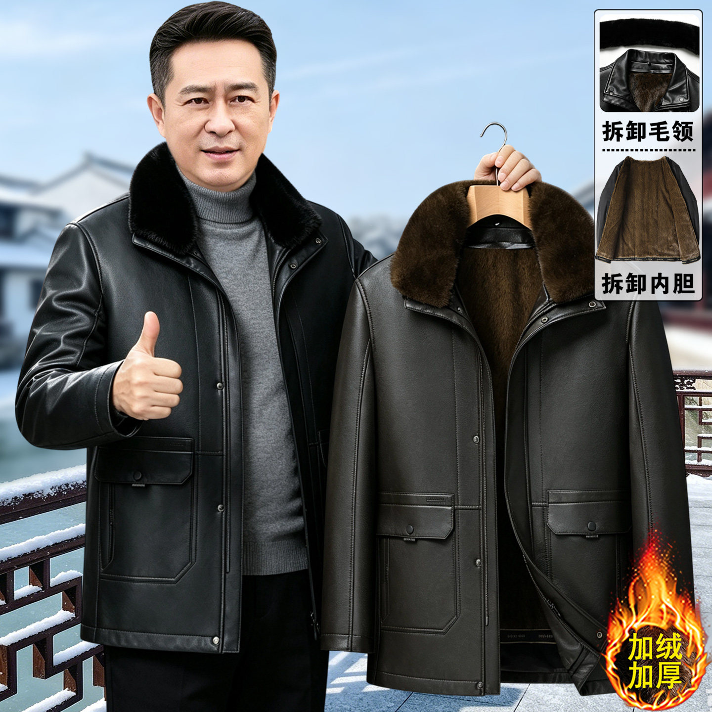 可拆卸中老年皮衣男加绒加厚爸爸冬季皮夹克外套老年人爷爷皮棉袄