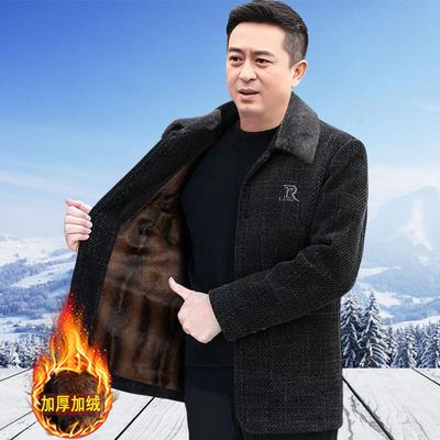 爸爸冬装外套加绒厚款中年夹克男休闲中山装中老年爷爷棉袄秋冬季