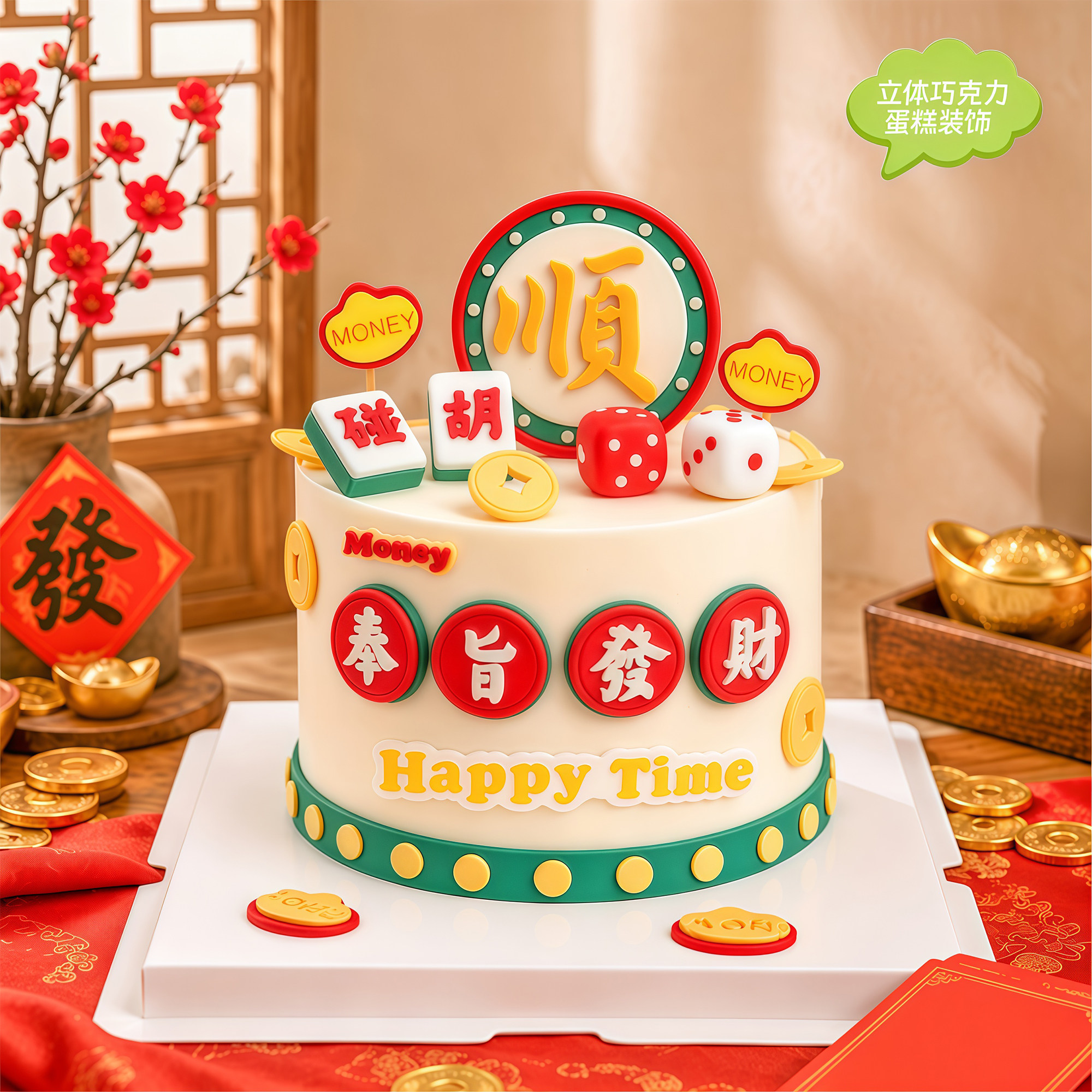 网红复古风奉旨发财五路财神蛋糕装饰摆件祝福语巧克力成品插件