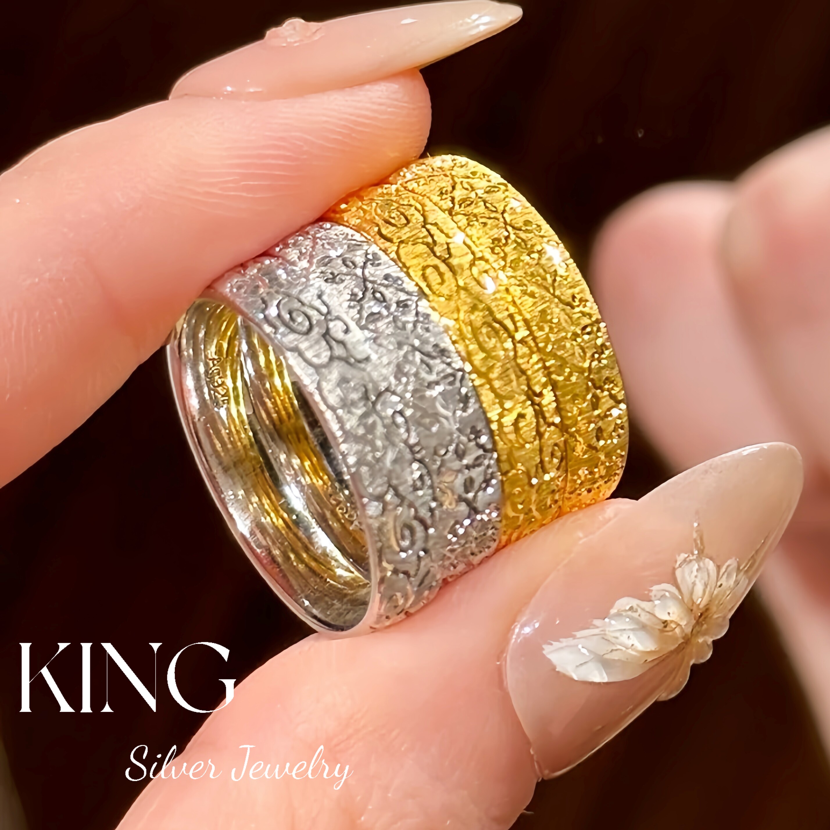 戗刻祥纹 | king银饰珠宝925银镀金柿蒂祥云纹新中式复古纯银戒指