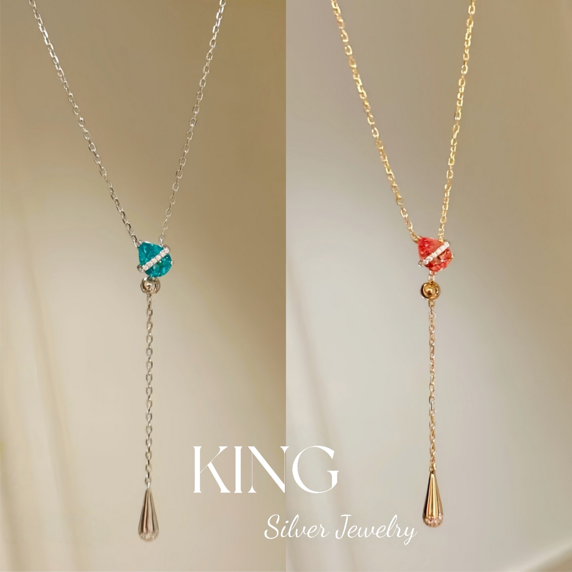 水滴瑞秋 | king银饰珠宝培育帕拉伊巴时尚轻奢显白纯银镀金项链