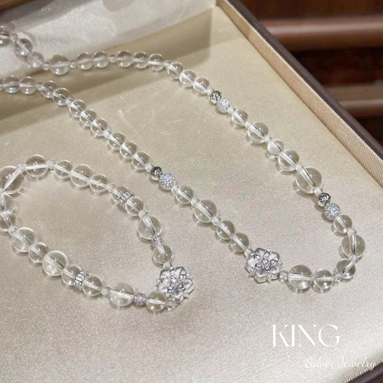 白水冰心 | S925银镀金冰透白水晶拉丝花朵新中式纯银手串项链