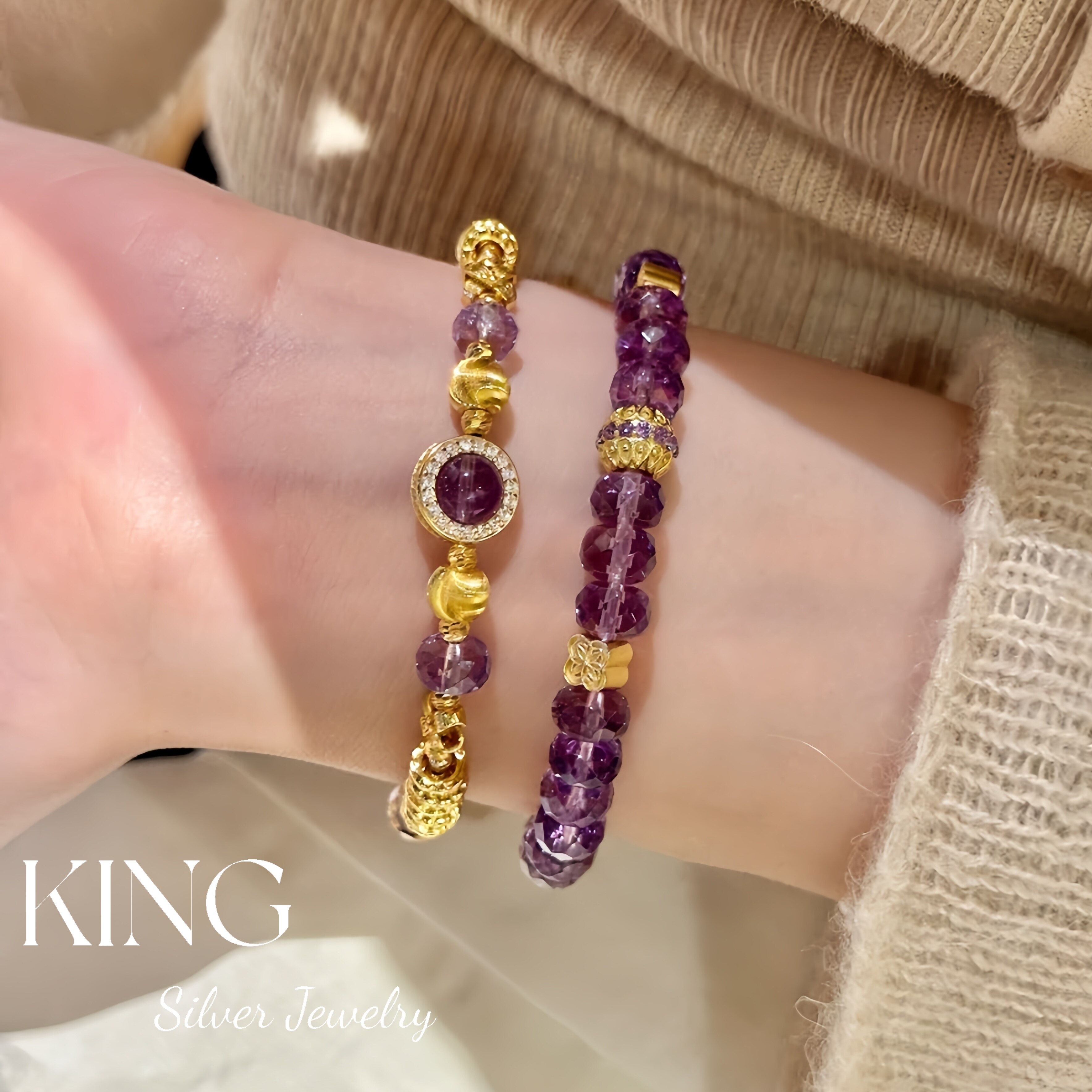 king银饰珠宝紫色猫眼盘缠手链