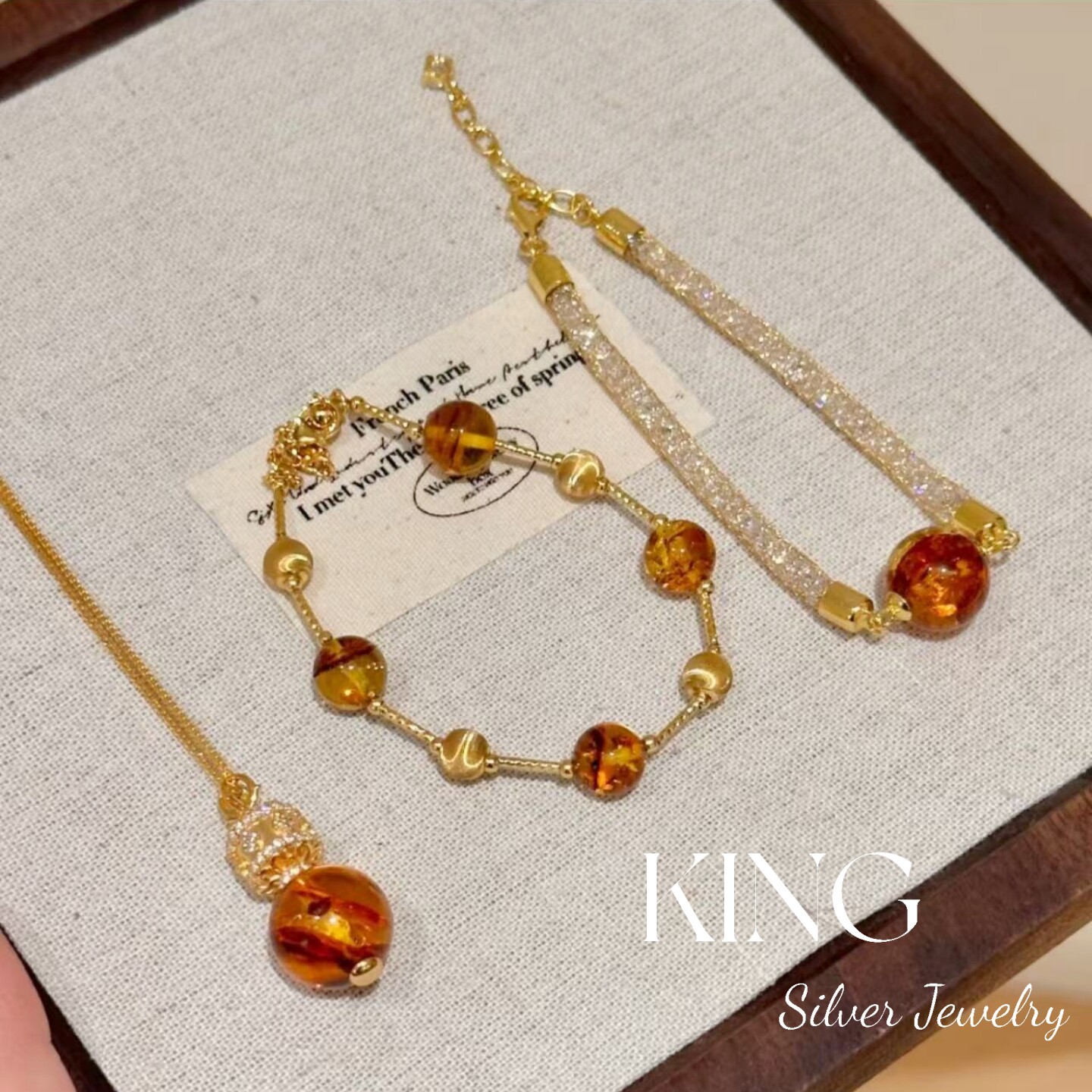 枫林染 | king银饰珠宝S925银镀金花珀钱袋子时尚纯银手链项链