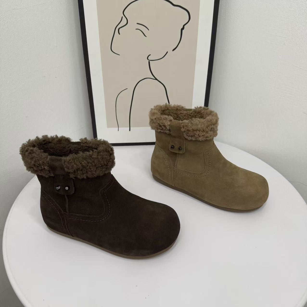 牛皮版~加绒勃肯靴女圆头复古毛毛短靴 平底棉鞋保暖毛绒绒雪地靴