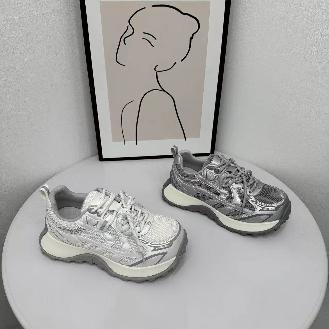 真皮网面厚底丑萌老爹鞋女2026春新款增高双鞋带显脚小运动休闲鞋,女鞋,时尚休闲鞋,淘宝优惠券,粉丝福利购,淘宝优惠卷