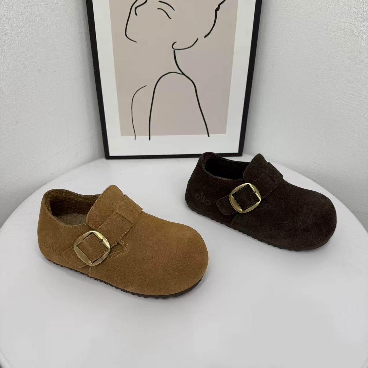 真皮羊毛加绒勃肯鞋女2025冬季新款圆头内增高加厚保暖厚底棉鞋潮