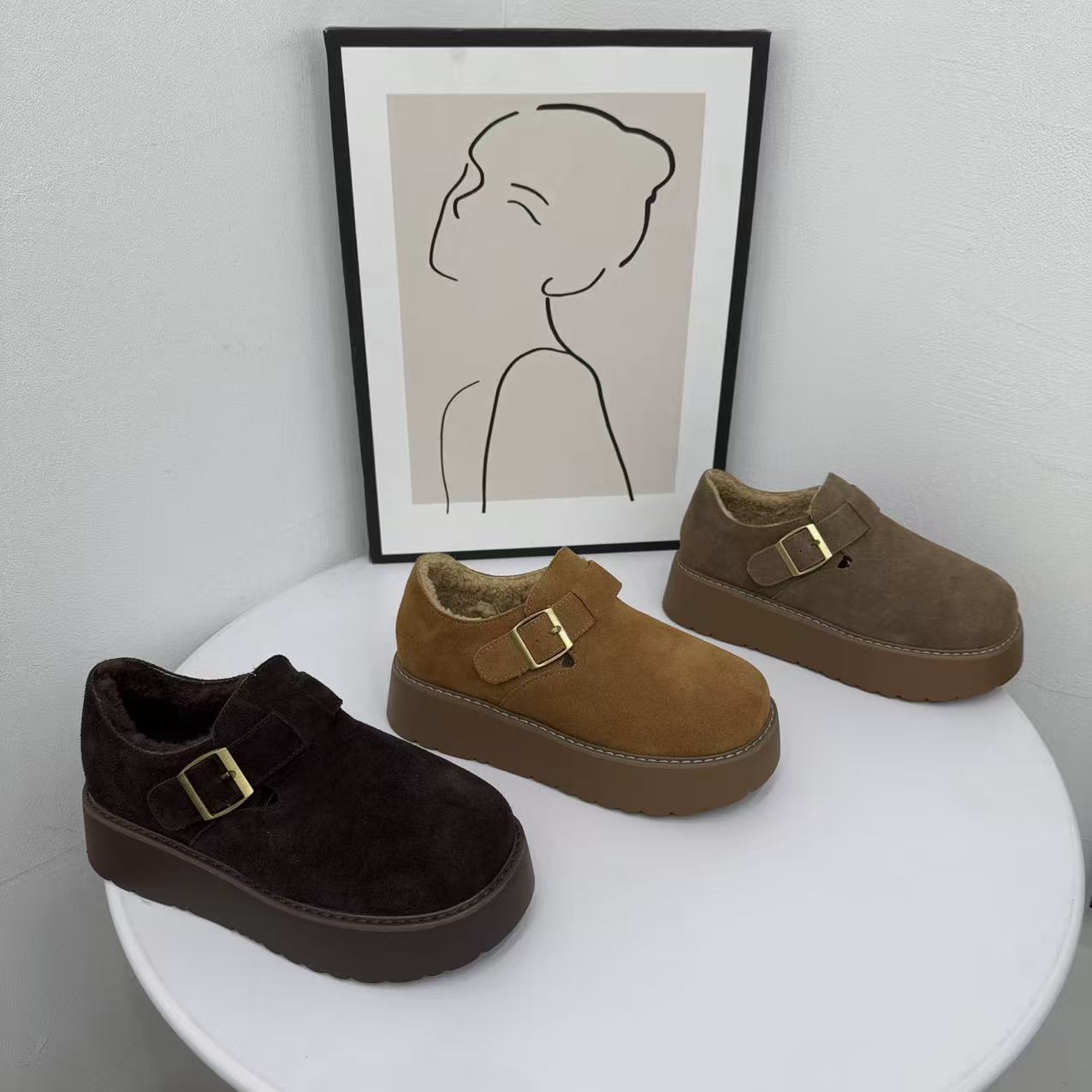 冬季勃肯鞋女厚底增高真皮牛皮加绒加厚毛毛一脚蹬懒人雪地靴棉鞋