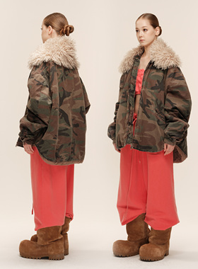 COZYDOLL巴恩风oversize水洗做旧复古迷彩可拆卸毛领宽松棉服外套