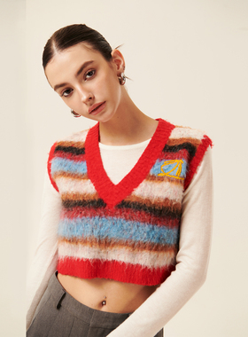 Cozydoll圣诞彩虹条纹渐变配色复古亲肤不扎人V领手绣马海毛马甲