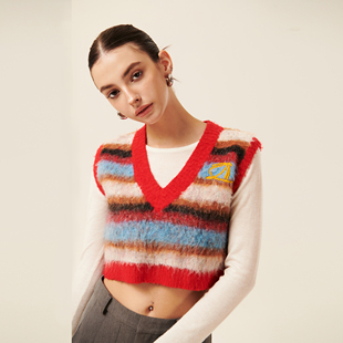 Cozydoll圣诞彩虹条纹渐变配色复古亲肤不扎人V领手绣马海毛马甲