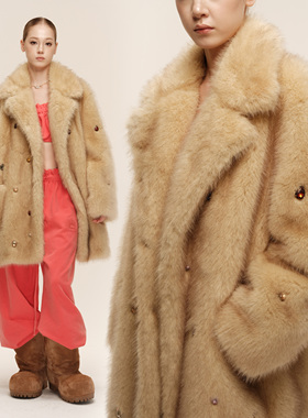 COZYDOLL斯拉夫风手工钉钻美式复古翻领撞色环保皮草长款毛毛外套