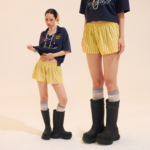 COZYDOLL慵懒感橘色条纹居家显瘦宽松运动休闲短裤