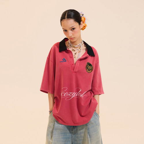 COZYDOLL慵懒美式复古徽章刺绣宽松翻领polo衫水洗做旧短袖上衣