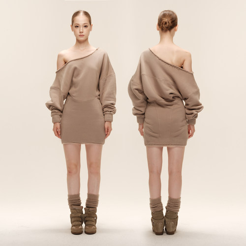 COZYDOLL收腰显瘦斜肩卫衣连衣裙