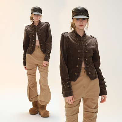 COZYDOLL拿破仑宫廷风外套女复古水洗做旧排扣灯芯绒修身正肩夹克