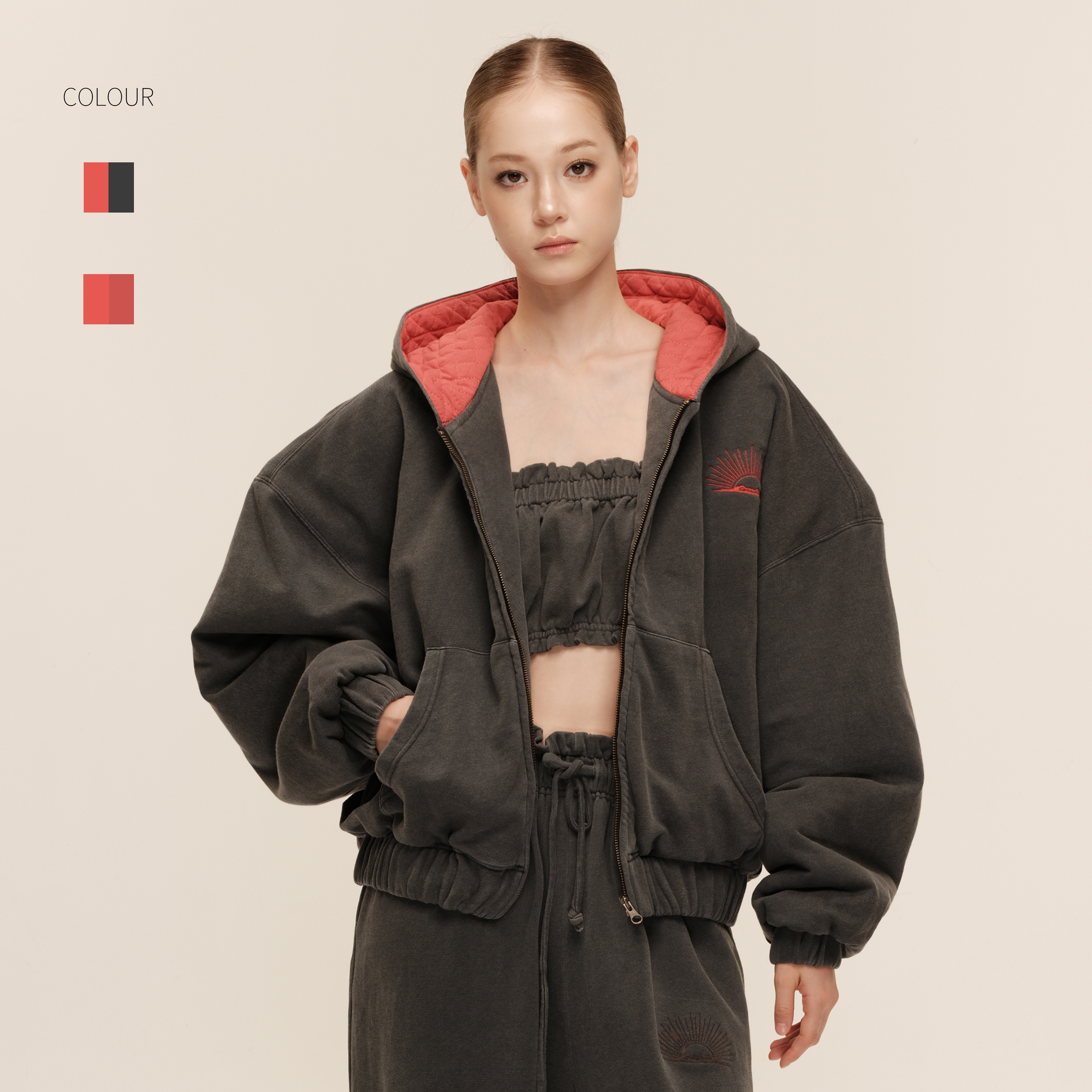 COZYDOLL复古慵懒撞色连帽卫衣