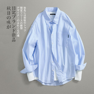 目记 衬衫 春秋轻奢韩系 极简竖条纹蓝调宽松长袖 男 cleanfit