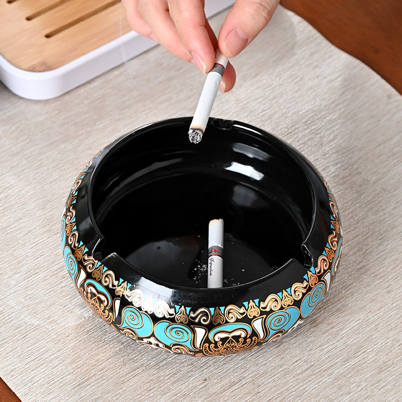 复古祥云纹陶瓷烟灰缸黑金蓝轻奢烟缸多尺寸套装办公室防飞灰摆件