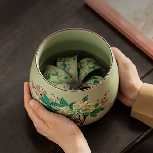 手绘牡丹青瓷茶洗大容量功夫茶具配件建水中式复古笔洗水盂