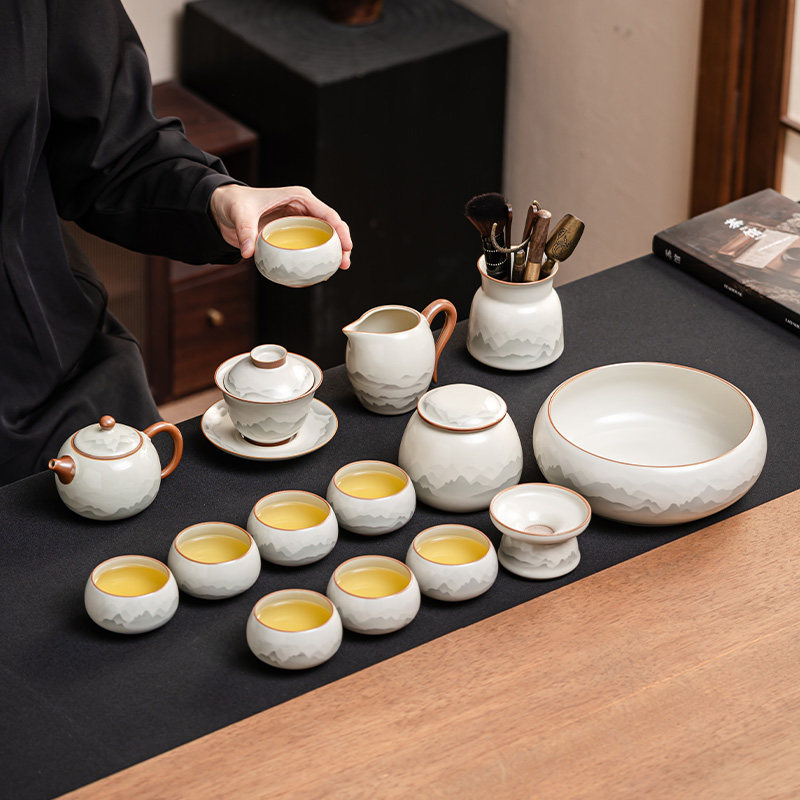 汝窑水墨江山16头茶具套组天青釉蝉翼开片壶中藏山水功夫茶器