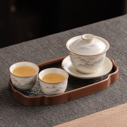 汝窑水墨江山提梁壶功夫茶具套装海棠玻璃茶盘复古陶瓷泡茶品茗套