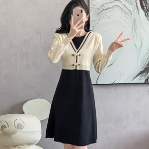 小香风假两件毛衣裙女修身显瘦中长A字裙秋冬新款长袖针织连衣裙
