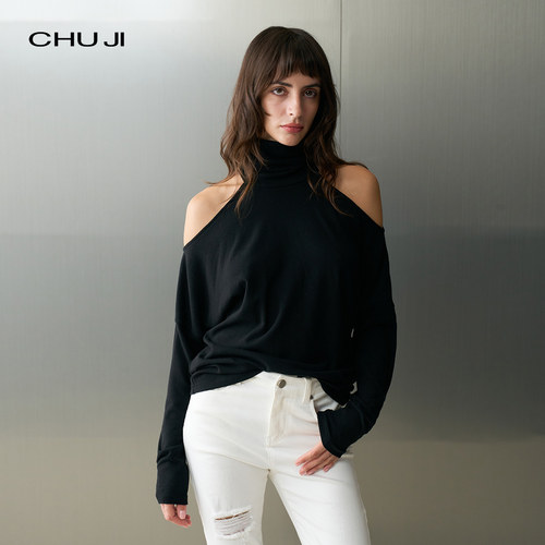 Chuji出迹高领露肩针织衫长袖女