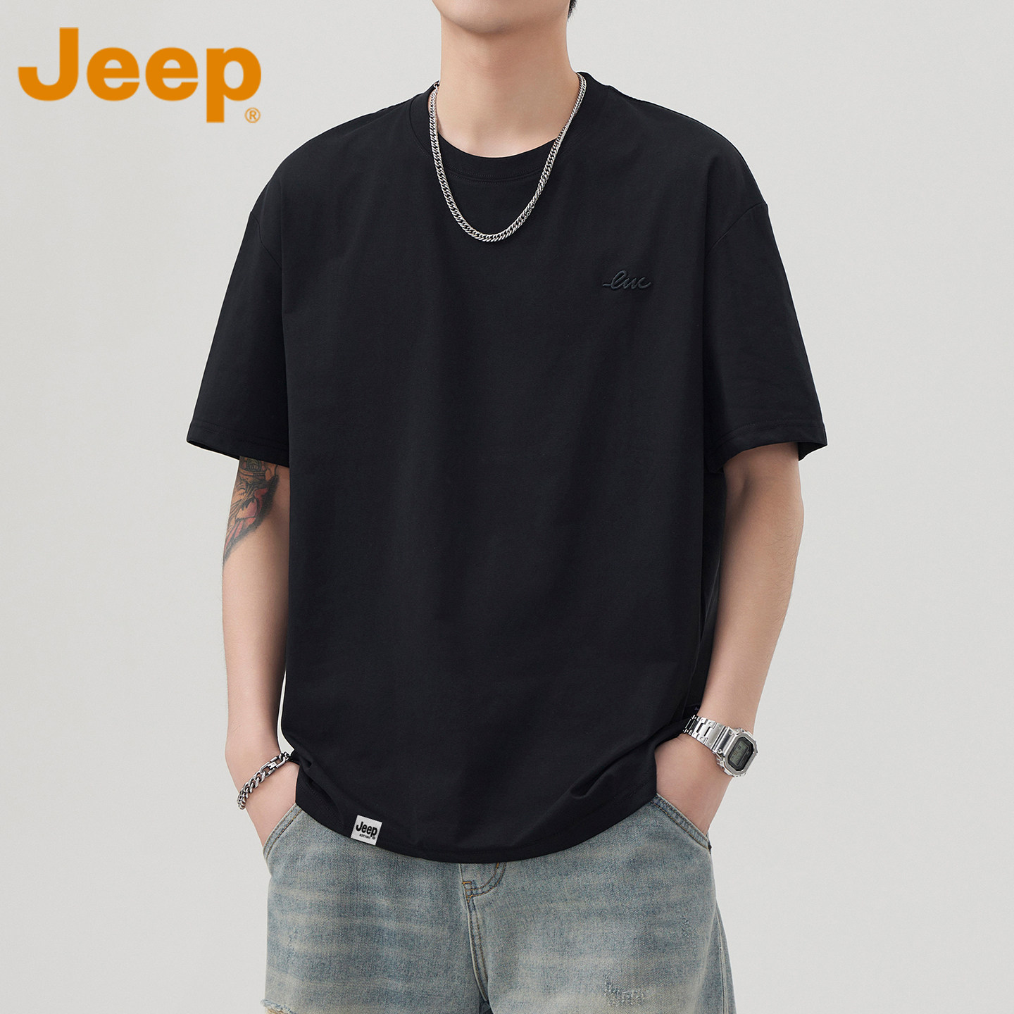 JEEP吉普美式纯棉圆领休闲短袖T恤男士夏季薄款宽松黑色半袖上衣