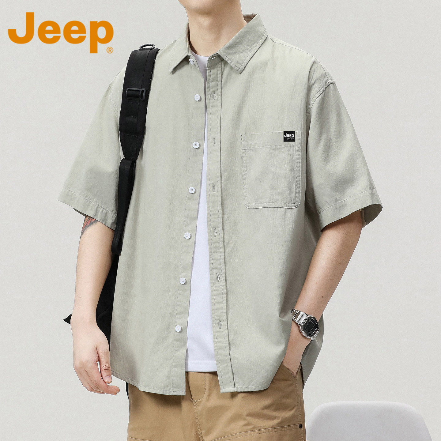 JEEP吉普日系纯棉短袖衬衫男士2026秋季薄款宽松高级感休闲衬衣男