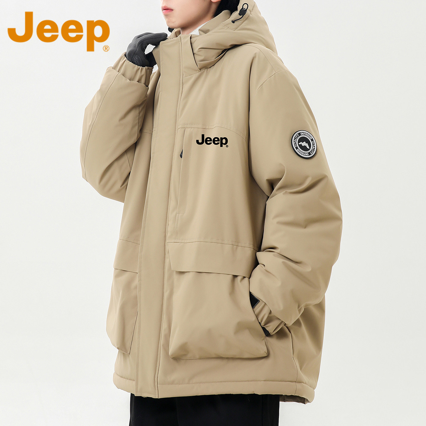 JEEP吉普美式中长款工装棉衣男士冬季新款宽松连帽棉服保暖外套男