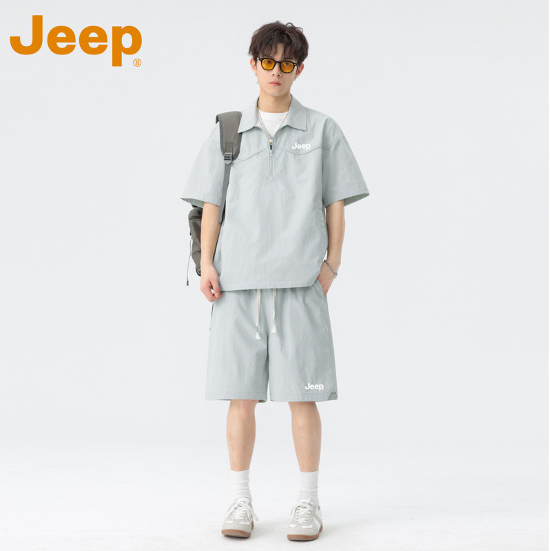 JEEP吉普户外速干时尚套装男夏季薄款冰丝半拉链短袖五分裤两件套
